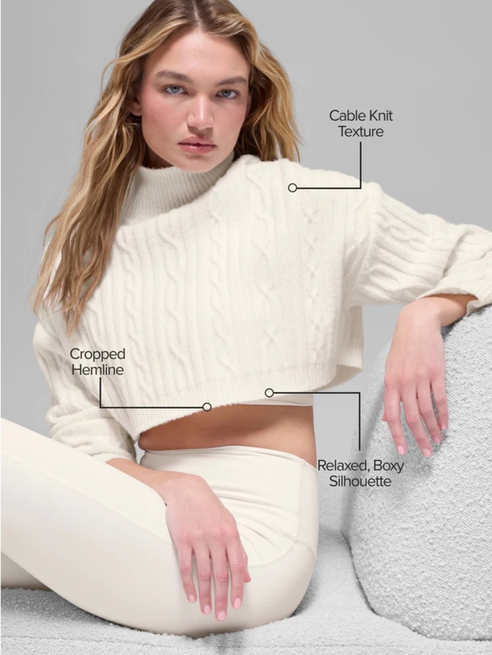 ALO Yoga Cream Cable Knit Cropped Turtleneck Sweater